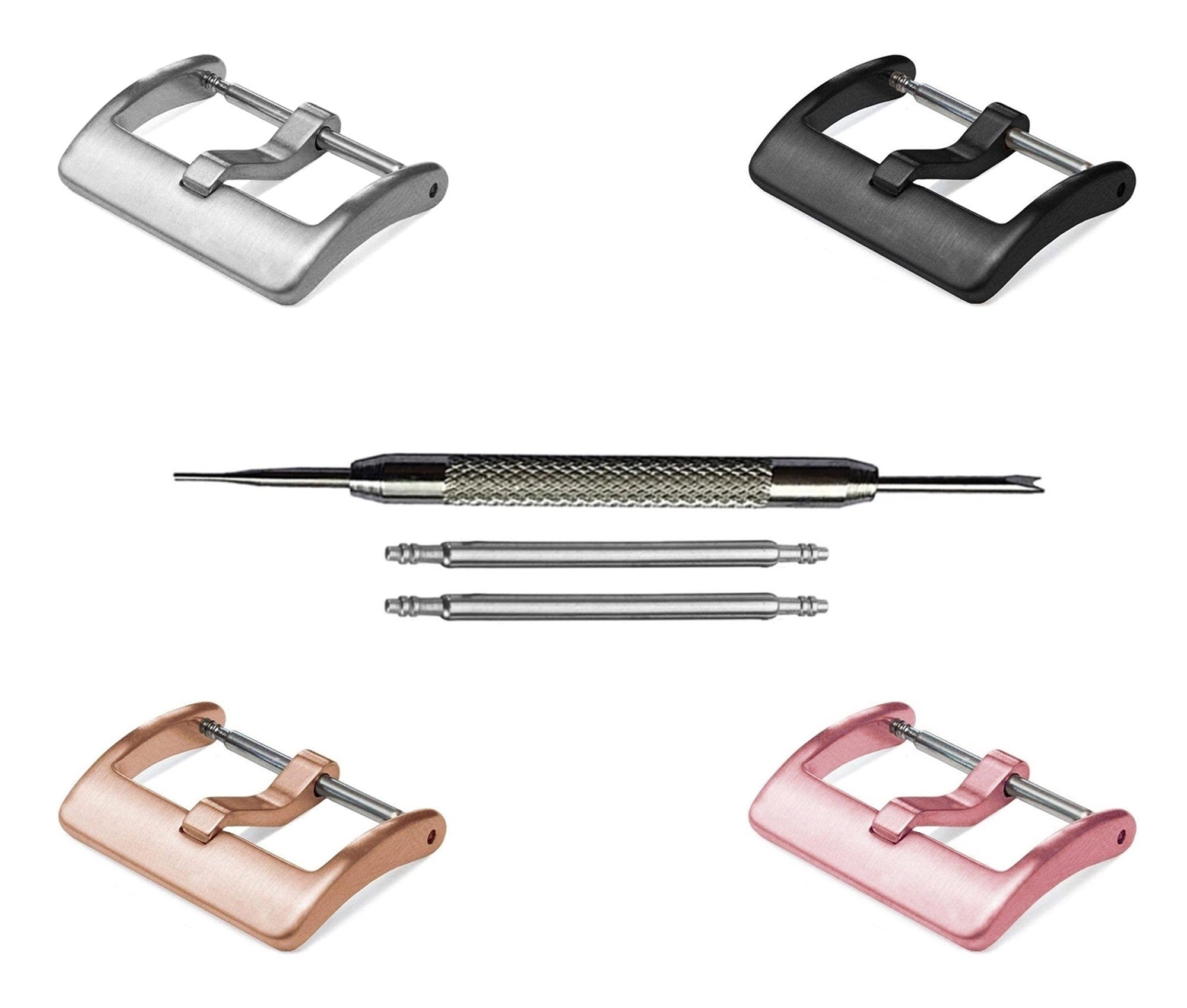 4pcs Set Modern Buckles for 16mm 20mm Watch Straps Bands Replacement Kit Clasp Silver Black Pink Rose Gold Color Finish -Pins Tool Included